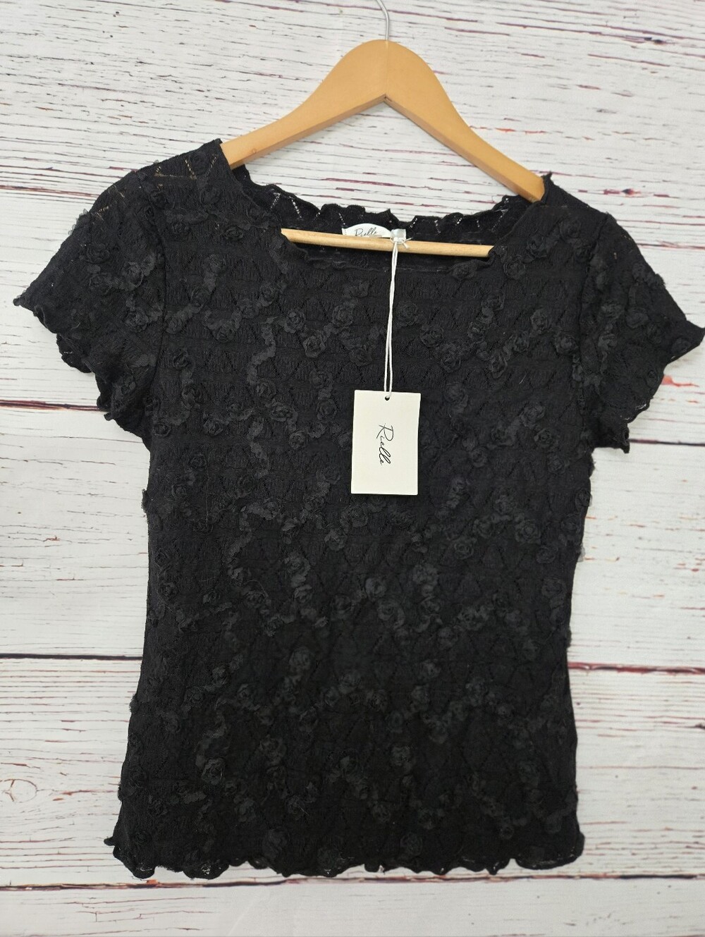 NWT Ruelle Womens Black Floral Rosette Textured Lace Top Size M